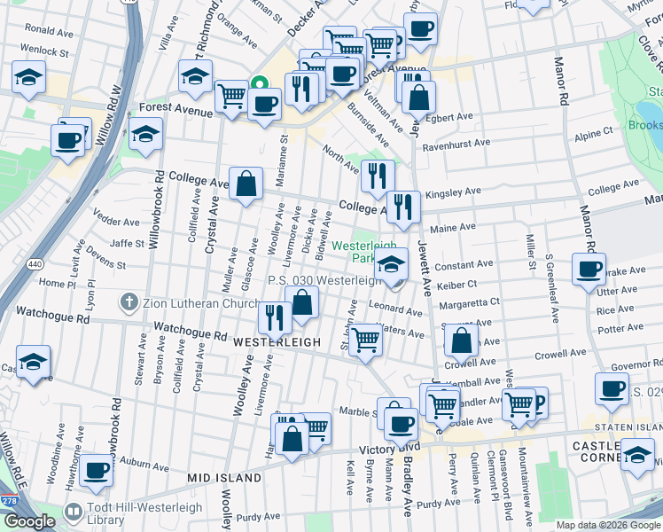 map of restaurants, bars, coffee shops, grocery stores, and more near 215 Demorest Avenue in Staten Island