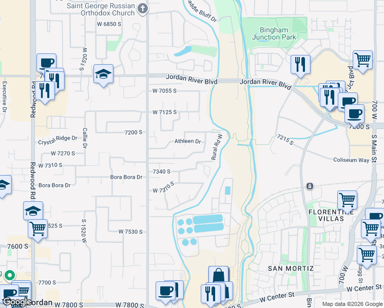 map of restaurants, bars, coffee shops, grocery stores, and more near 1142 Lucky Cove Drive in West Jordan