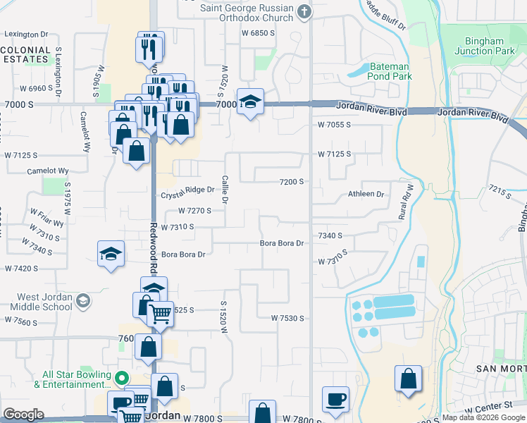 map of restaurants, bars, coffee shops, grocery stores, and more near 7316 South 1370 West in West Jordan