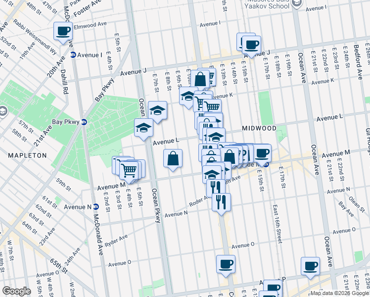 map of restaurants, bars, coffee shops, grocery stores, and more near 1255 East 8th Street in Brooklyn