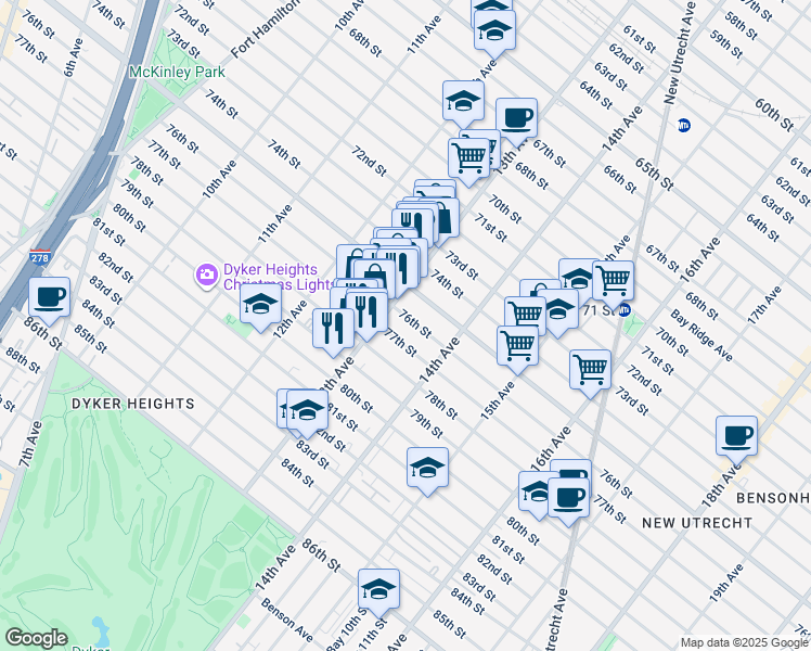 map of restaurants, bars, coffee shops, grocery stores, and more near 1357 77th Street in Brooklyn