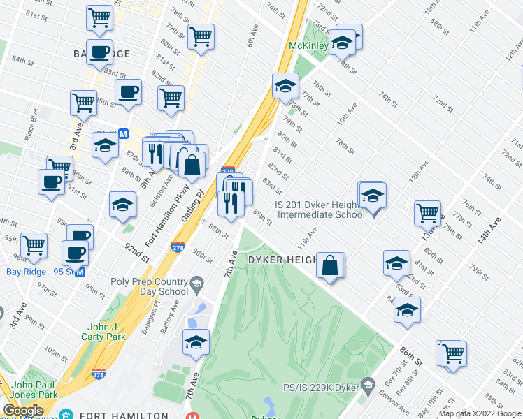 map of restaurants, bars, coffee shops, grocery stores, and more near 8516 10th Avenue in Brooklyn