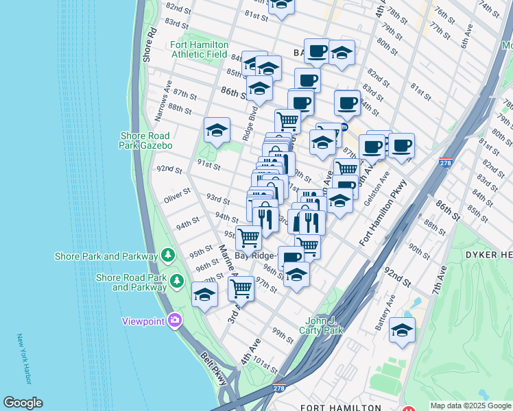 map of restaurants, bars, coffee shops, grocery stores, and more near 260 93rd Street in Brooklyn