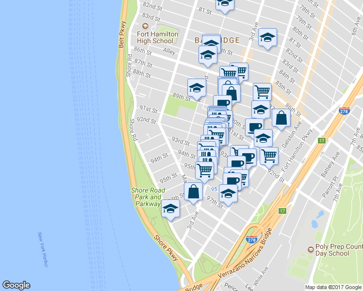 map of restaurants, bars, coffee shops, grocery stores, and more near 209 94th Street in Brooklyn