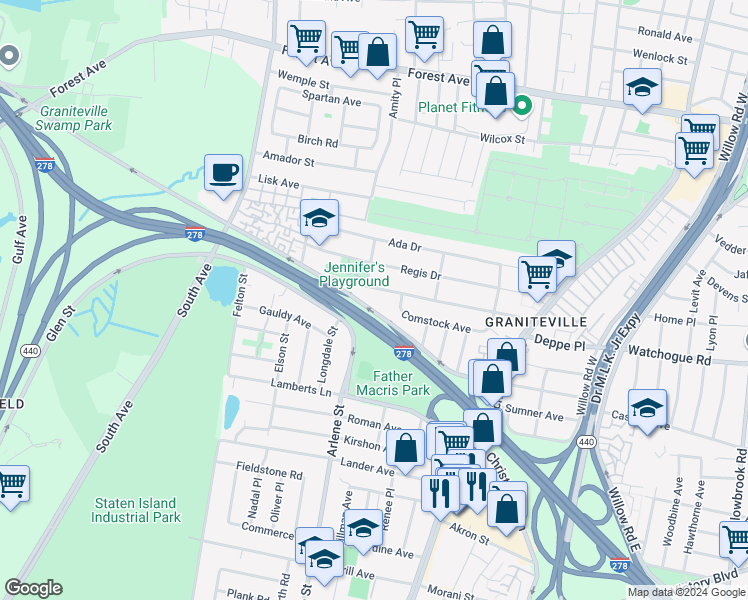 map of restaurants, bars, coffee shops, grocery stores, and more near 138 Comstock Avenue in Staten Island