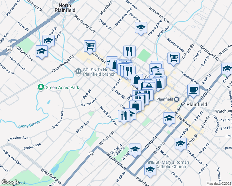 map of restaurants, bars, coffee shops, grocery stores, and more near 54 Grove Street in North Plainfield