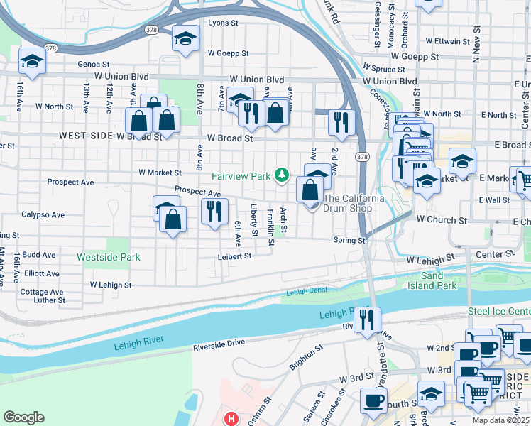map of restaurants, bars, coffee shops, grocery stores, and more near 318 Liberty Street in Bethlehem
