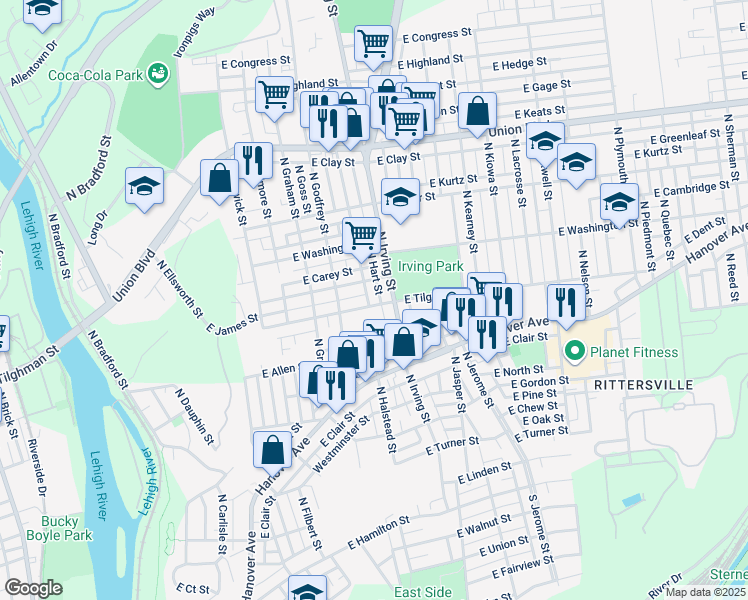 map of restaurants, bars, coffee shops, grocery stores, and more near 622 North Irving Street in Allentown