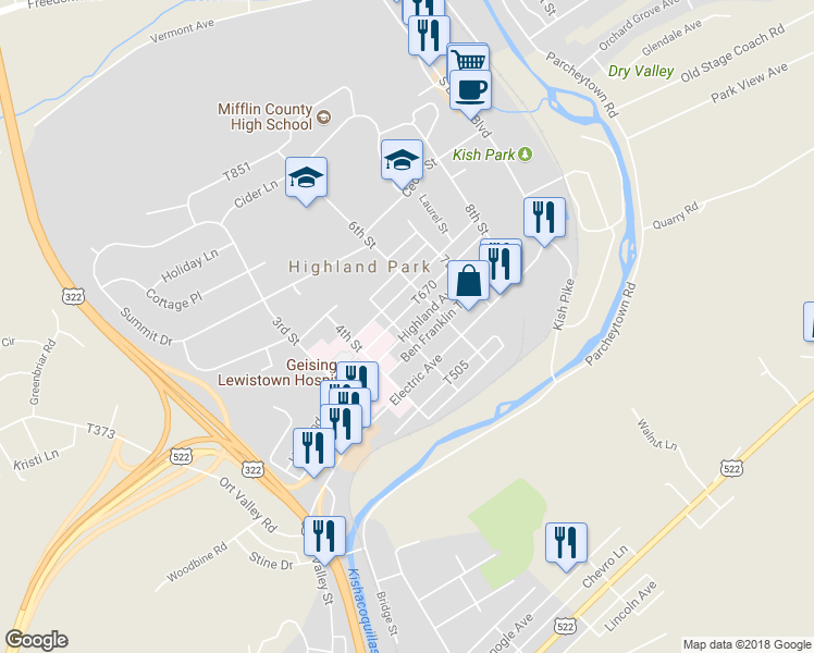 map of restaurants, bars, coffee shops, grocery stores, and more near 500 Highland Avenue in Lewistown