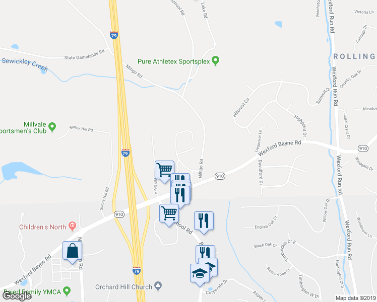 map of restaurants, bars, coffee shops, grocery stores, and more near 421 Marshall Heights Drive in Wexford