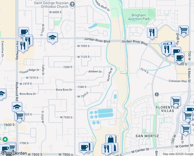 map of restaurants, bars, coffee shops, grocery stores, and more near 1142 Lucky Cove Drive in West Jordan
