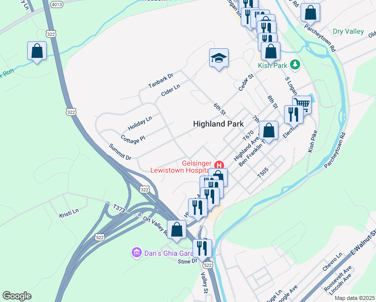 map of restaurants, bars, coffee shops, grocery stores, and more near 308 3rd Street in Lewistown