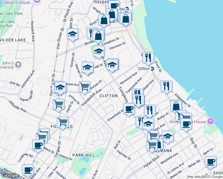 map of restaurants, bars, coffee shops, grocery stores, and more near 5 Park Hill Avenue in Staten Island