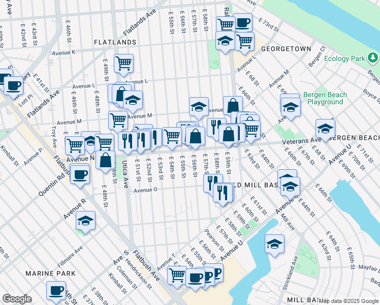 map of restaurants, bars, coffee shops, grocery stores, and more near 5513 Mill Lane in Brooklyn