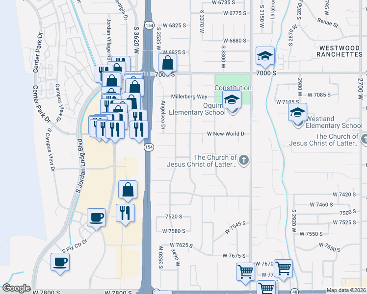 map of restaurants, bars, coffee shops, grocery stores, and more near 3439 Piera Circle in West Jordan