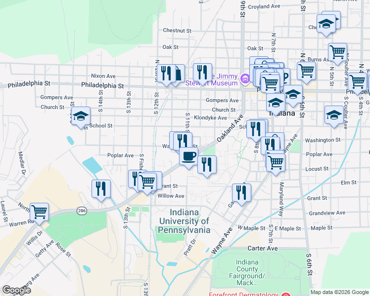 map of restaurants, bars, coffee shops, grocery stores, and more near 1105 Oakland Avenue in Indiana