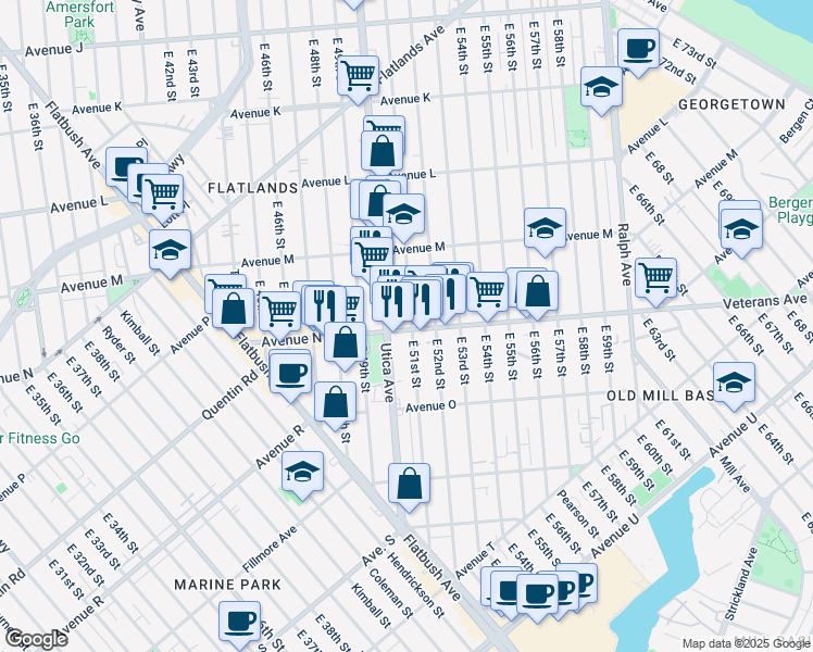 map of restaurants, bars, coffee shops, grocery stores, and more near 5101 Avenue N in Brooklyn