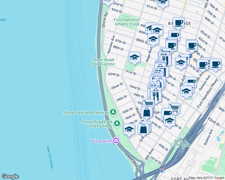 map of restaurants, bars, coffee shops, grocery stores, and more near 9269 Shore Road in Brooklyn