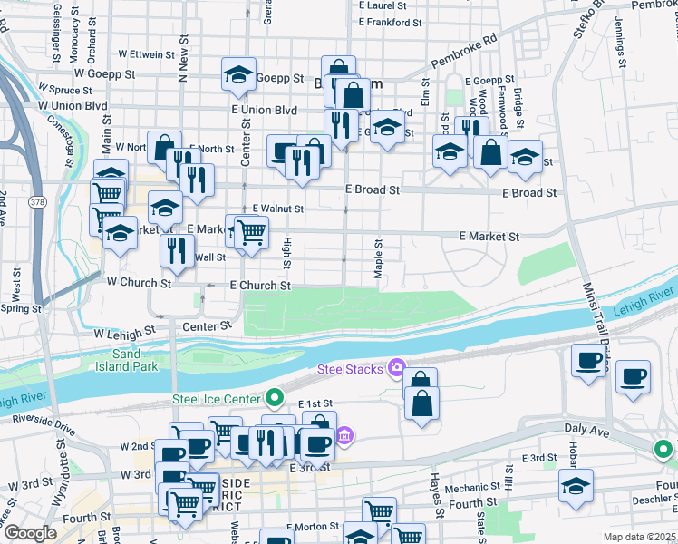 map of restaurants, bars, coffee shops, grocery stores, and more near 402 Linden Street in Bethlehem