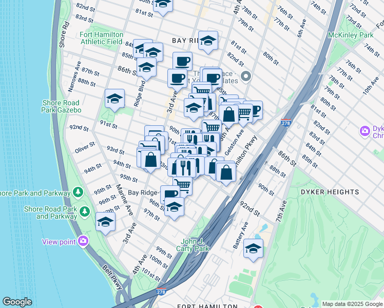 map of restaurants, bars, coffee shops, grocery stores, and more near 4th Ave & 91st St in Brooklyn