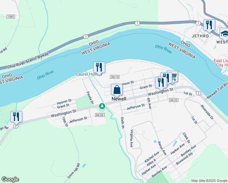 map of restaurants, bars, coffee shops, grocery stores, and more near 610 Washington Street in Newell