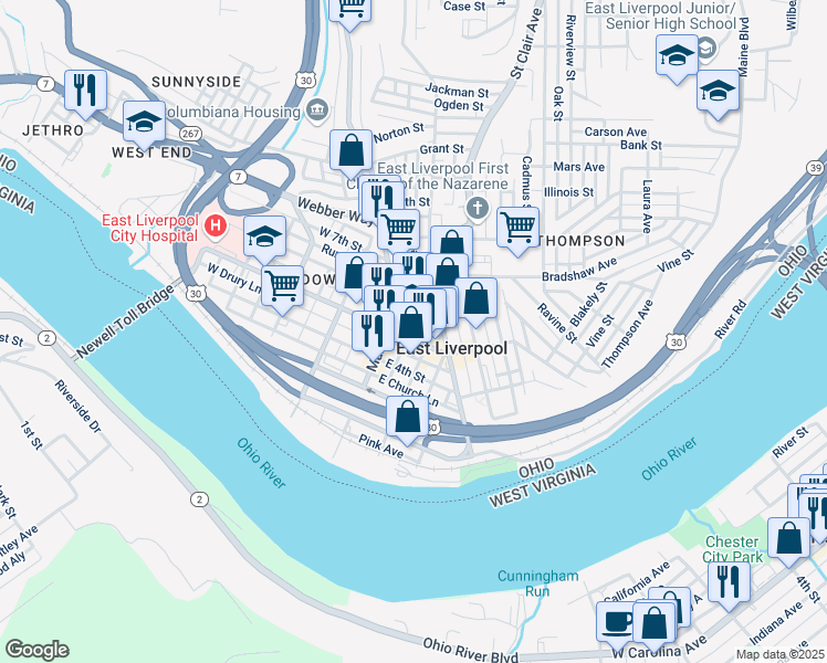 map of restaurants, bars, coffee shops, grocery stores, and more near 119 East 5th Street in East Liverpool