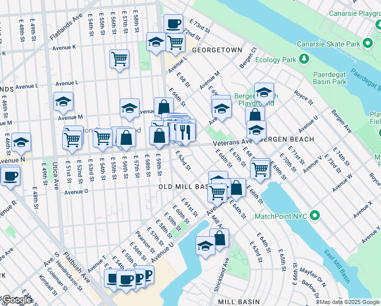 map of restaurants, bars, coffee shops, grocery stores, and more near 1465 East 63rd Street in Brooklyn