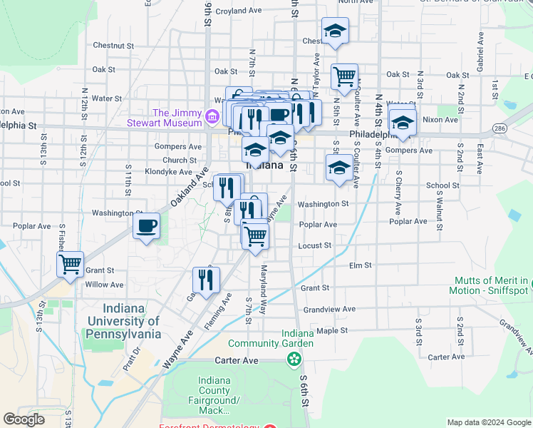 map of restaurants, bars, coffee shops, grocery stores, and more near 718 Wayne Avenue in Indiana