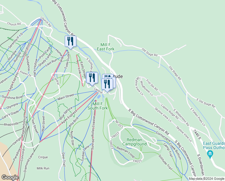 map of restaurants, bars, coffee shops, grocery stores, and more near 12160 Big Cottonwood Canyon Road in Solitude