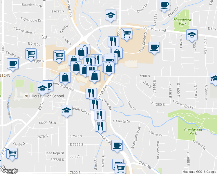 map of restaurants, bars, coffee shops, grocery stores, and more near 1199 Waterside Cove in Midvale