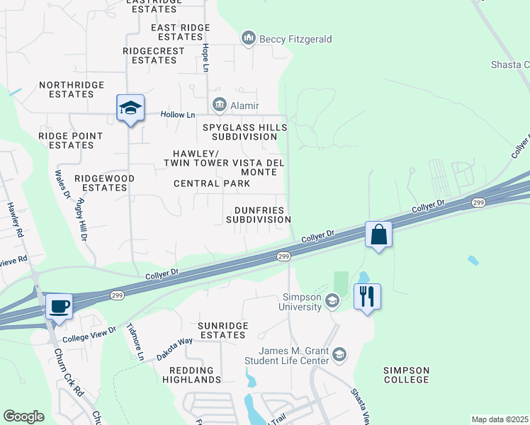 map of restaurants, bars, coffee shops, grocery stores, and more near 841 Cally Court in Redding