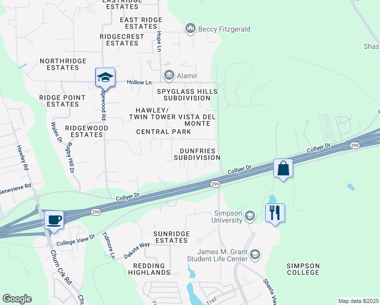 map of restaurants, bars, coffee shops, grocery stores, and more near 841 Cally Court in Redding