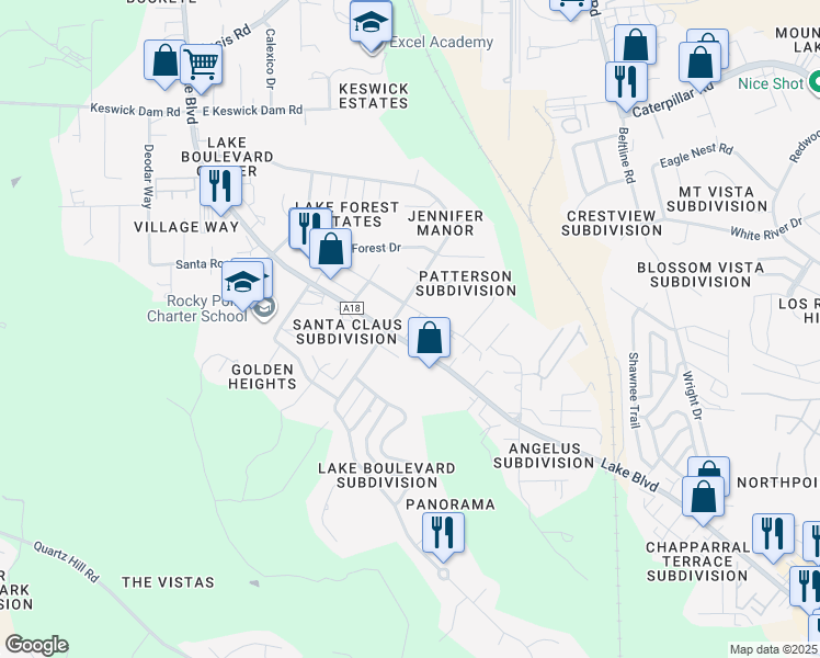 map of restaurants, bars, coffee shops, grocery stores, and more near 3420 Little Street in Redding