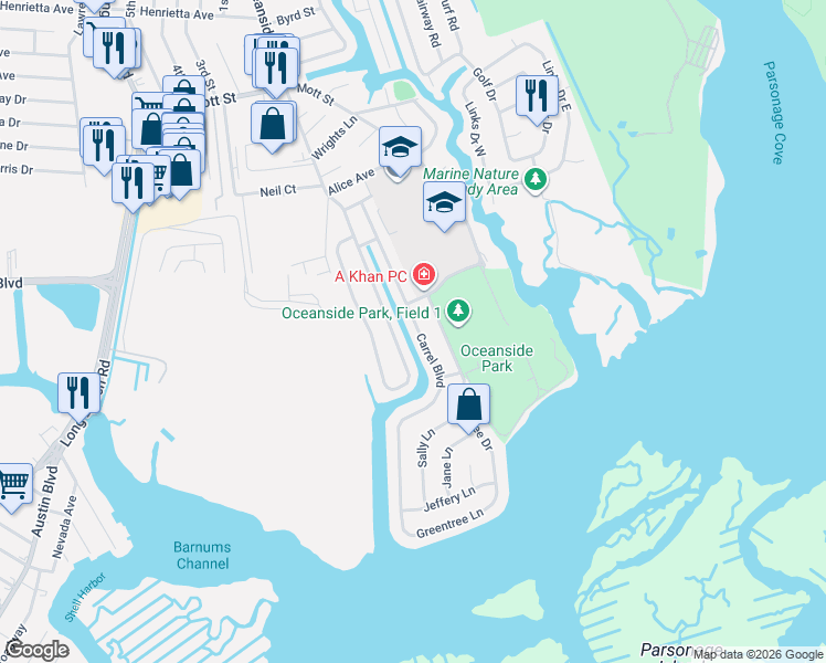 map of restaurants, bars, coffee shops, grocery stores, and more near 3810 Carrel Boulevard in Oceanside
