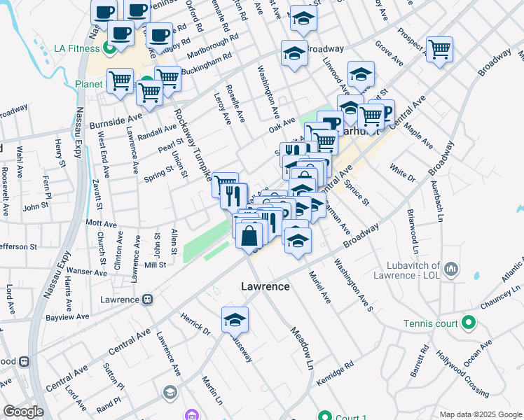 map of restaurants, bars, coffee shops, grocery stores, and more near 340 Central Avenue in Lawrence