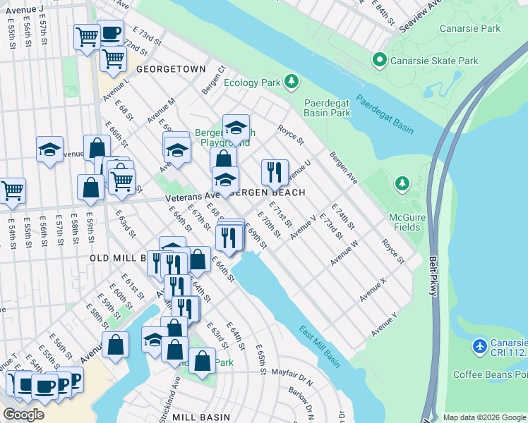 map of restaurants, bars, coffee shops, grocery stores, and more near 2101 East 69th Street in Brooklyn