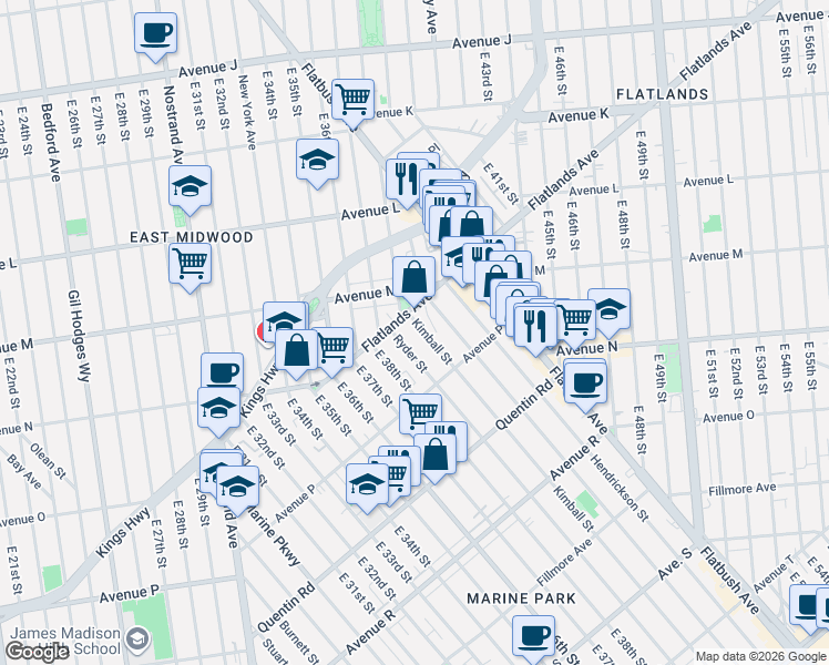 map of restaurants, bars, coffee shops, grocery stores, and more near 1530 Ryder Street in Brooklyn
