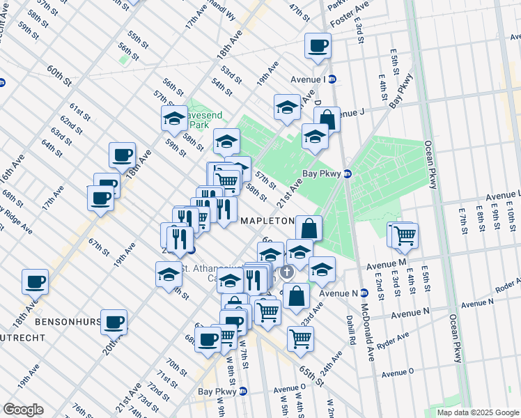 map of restaurants, bars, coffee shops, grocery stores, and more near 2102 59th Street in Brooklyn