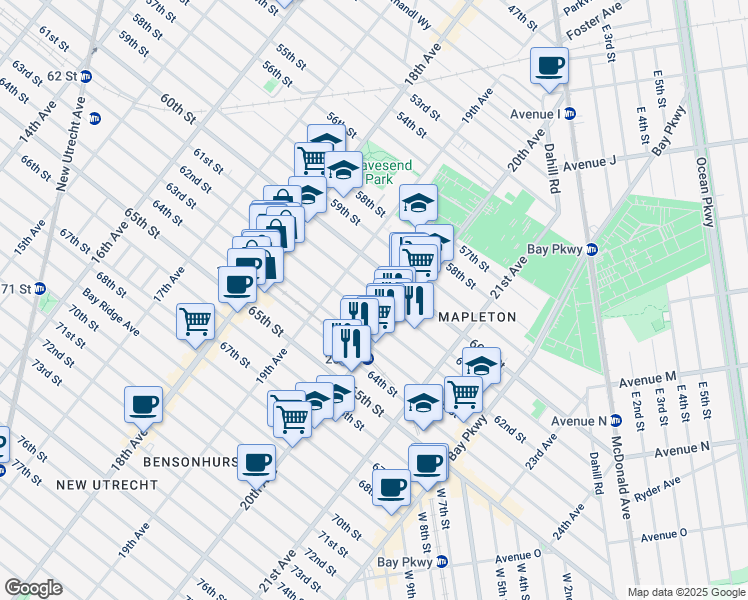 map of restaurants, bars, coffee shops, grocery stores, and more near 1971 62nd Street in Brooklyn