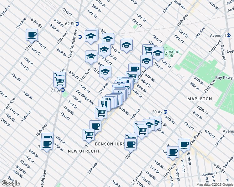 map of restaurants, bars, coffee shops, grocery stores, and more near 1751 67th Street in Brooklyn