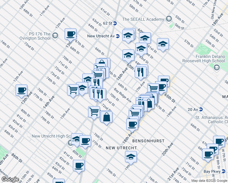 map of restaurants, bars, coffee shops, grocery stores, and more near 1641 70th Street in Brooklyn