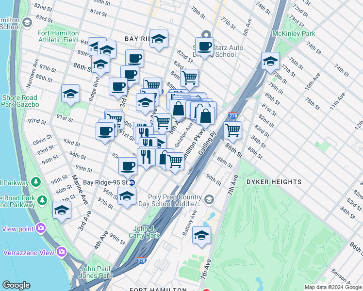 map of restaurants, bars, coffee shops, grocery stores, and more near 8852 Fort Hamilton Parkway in Brooklyn