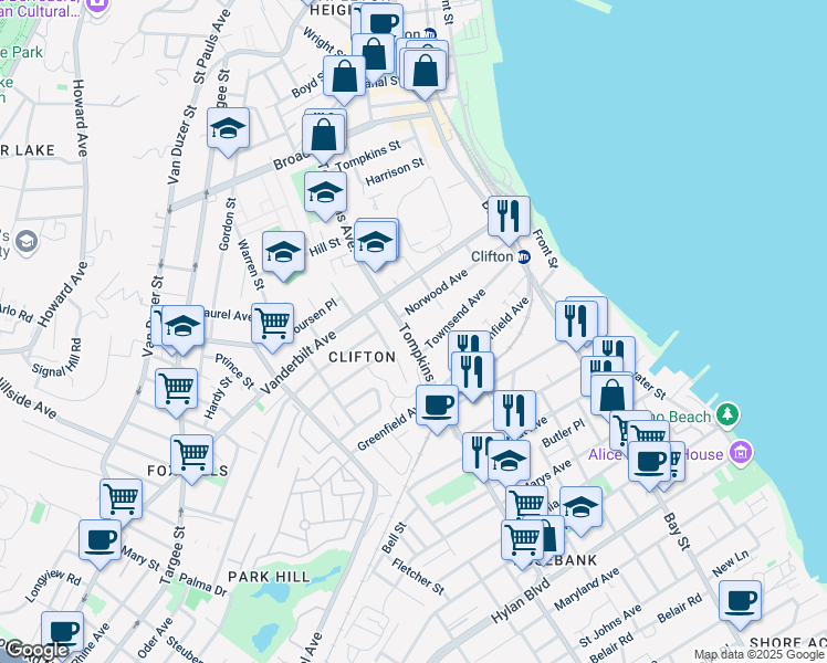 map of restaurants, bars, coffee shops, grocery stores, and more near 244 Tompkins Avenue in Staten Island