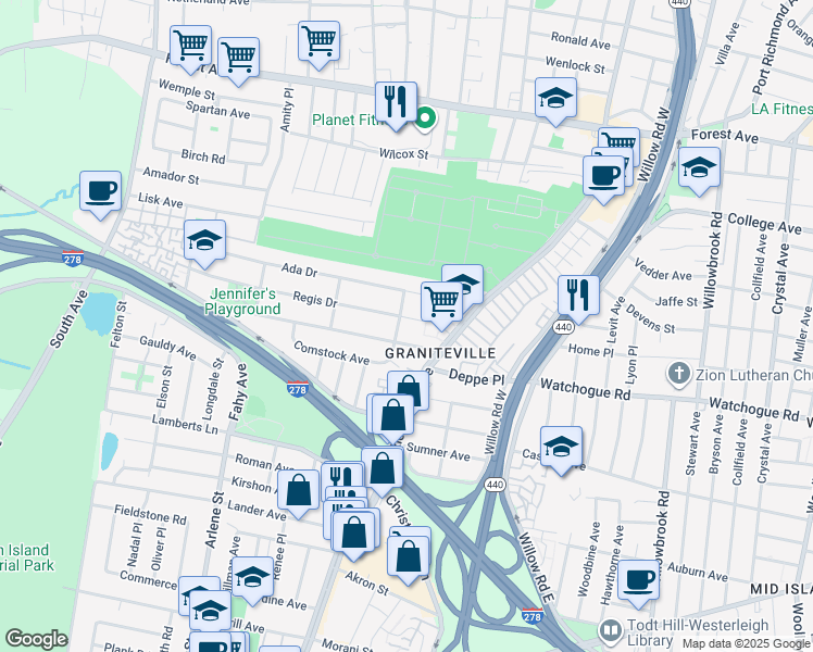 map of restaurants, bars, coffee shops, grocery stores, and more near 6 Lenore Court in Staten Island