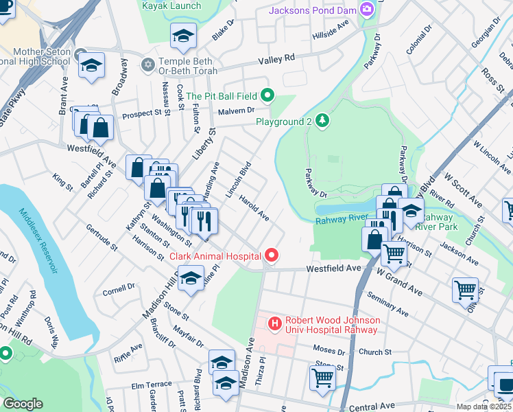 map of restaurants, bars, coffee shops, grocery stores, and more near 1494 Bedford Street in Rahway