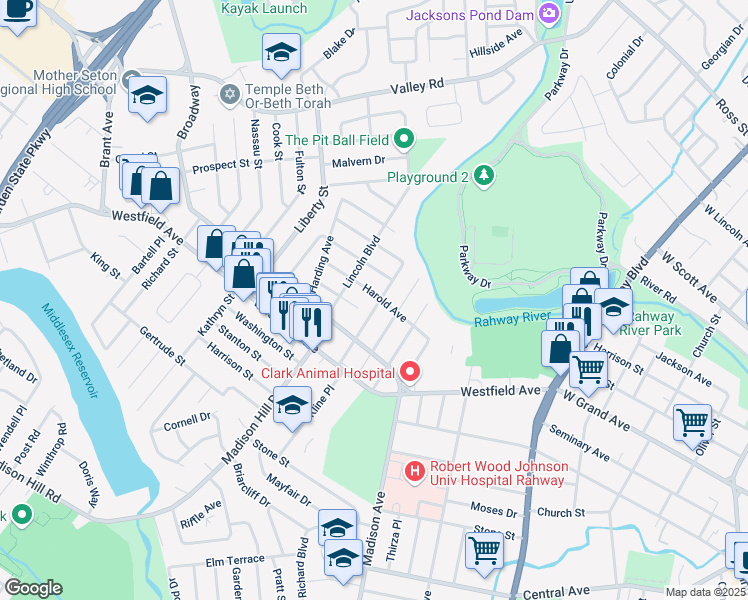 map of restaurants, bars, coffee shops, grocery stores, and more near 1494 Bedford Street in Rahway