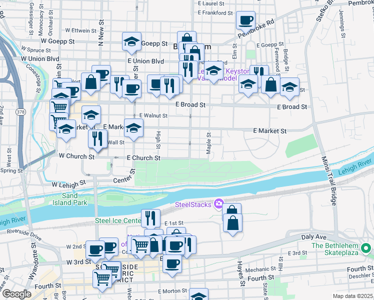 map of restaurants, bars, coffee shops, grocery stores, and more near 402 Linden Street in Bethlehem