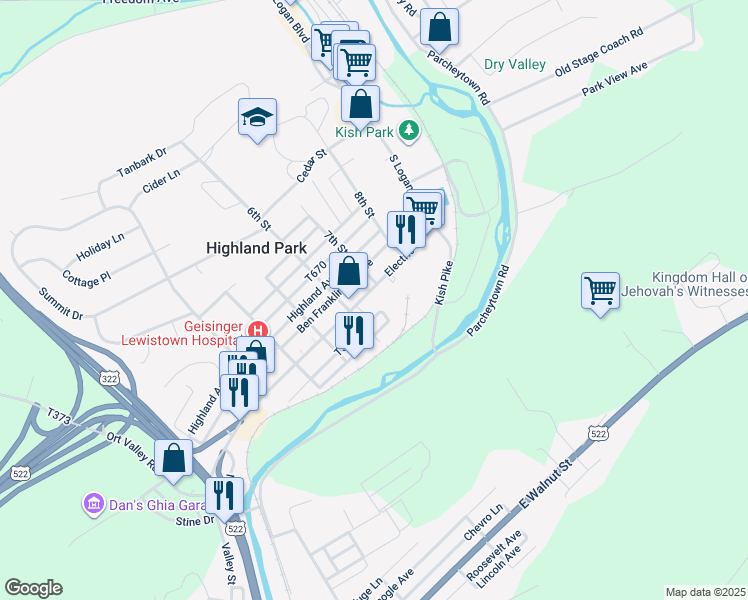 map of restaurants, bars, coffee shops, grocery stores, and more near 27-41 S 6th St in Lewistown
