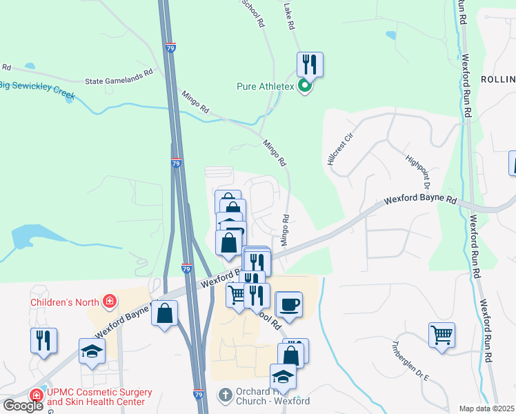 map of restaurants, bars, coffee shops, grocery stores, and more near 322 Marshall Heights Drive in Wexford