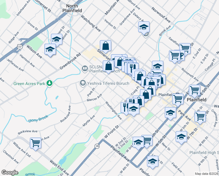 map of restaurants, bars, coffee shops, grocery stores, and more near 75 Grove Street in North Plainfield